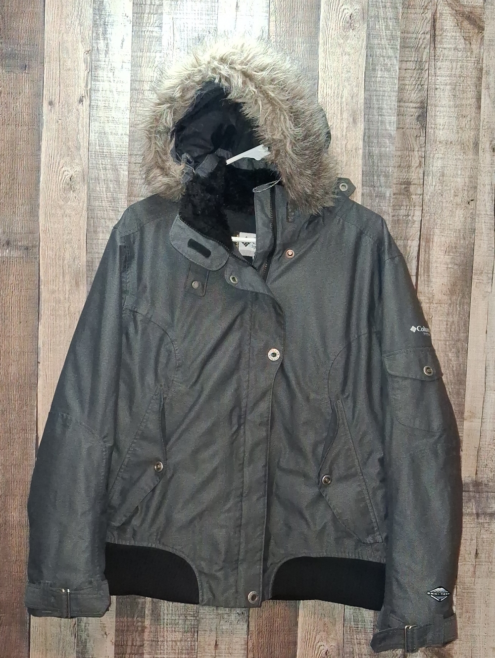 Columbia Women's Dark Gray Hooded Omni-shield Jacket Faux Fur Trim Size L Large